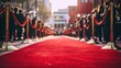 A empty red carpet waiting for the arrival of the famous star celebrities. paparazzi and journalists with photo and video cameras