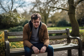 30-year-old autistic adult in a public park, sitting alone on a bench, visibly upset by the surrounding noise of playing children and barking dogs, demonstrating the impact of sensory sensitivities in