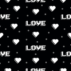 Poster - Seamless pattern in 2000s style with hearts and the word love on a black background. Vector illustration for Valentine's Day. Template for card, fabric, textile, wallpaper, paper, packaging