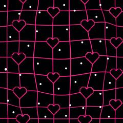 Poster - Seamless pattern in y2k style with hearts and grid on a black background. Vector illustration for Valentine's Day. Template for card, fabric, textile, wallpaper, paper, packaging