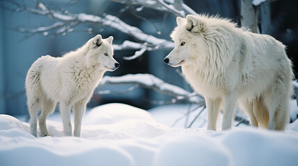 Poster - An artistic representation of an Arctic wolf and caribou encounter in the frozen tundra, showcasing the predator's strategic pursuit and the prey's evasion tactics.