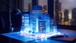 © Zainab - Concept holo blue 3d render miniature model maquette of small skyscraper building on table in real estate agency. signing mortgage contract document demonstrating. futuristic business