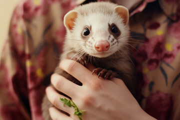 Wall Mural - A therapy ferret providing affection to an individual, showcasing the unique qualities of small animals in offering comfort and companionship.