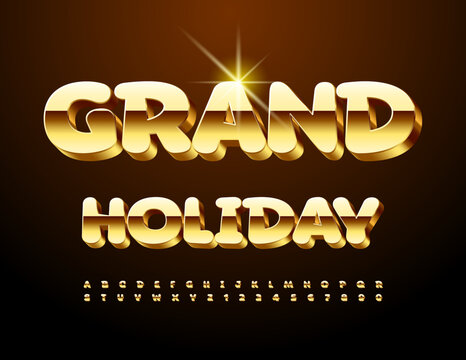 Vector luxury banner Grand Holiday. Exclusive Gold Font. 3D Premium Alphabet Letters, Numbers and Symbolsю