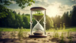An hourglass with a growing plant signifies the urgency of time running out, emphasizing the fragility of life