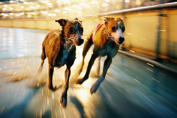 Aufkleber - Racing dogs in a blur of speed, creating abstract streaks on the track that convey the rapid pace of the race.
