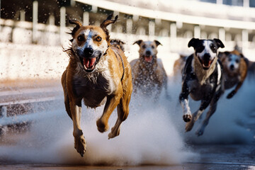 Aufkleber - Racing dogs in dynamic motion, creating abstract patterns on the track that symbolize the excitement of canine racing.
