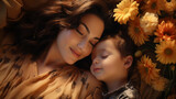 Fototapeta  - mother and son lying on the ground with flowers around them. concept of motherhood and care for children