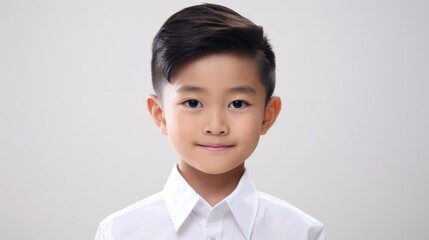 Wall Mural - A closeup photo portrait of a handsome young asian school boy student smiling and looking straight. used for a ad. isolated on white background