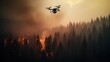 Firefighting Drone in Flight Over Devastating Wildfire in Dense Forest