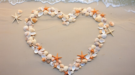 Wall Mural - Heart shaped sea shells on a sand background 