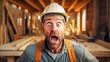 construction worker in a hard hat with a surprised look, in a carpentry workshop with wood and tools in the background