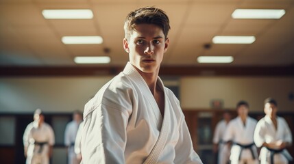 Wall Mural - A karate asian martial art training in a dojo hall. young man wearing white kimono and black belt fighting learning, exercising and teaching. students watching in the background