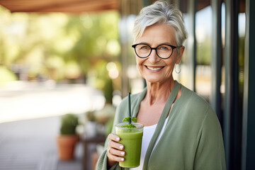 senior woman drinking green cocktail 