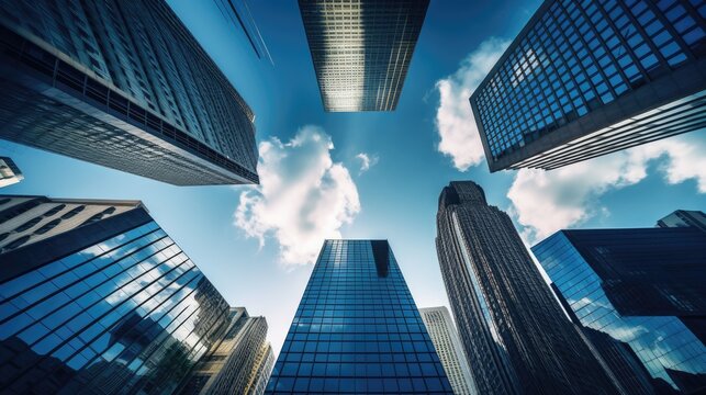 a wallpaper dekstop background photo of a modern office buildings skyscrapers taken from below with 