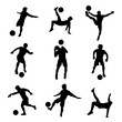 © anom_t - Silhouette collection of male soccer player kicking a ball. Silhouette group of football player in action pose.