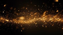 Abstract Golden Particles And Sprinkles Powder Line Explosion For Holiday Celebration Like Christmas. Shiny Gold Lights. Wallpaper Black Background For Ads Or Gifts Wrap And Web Design