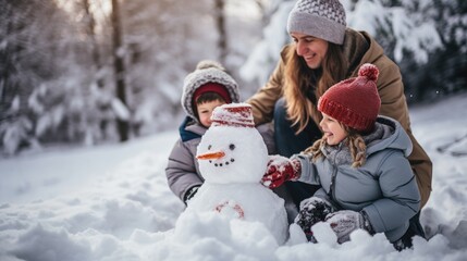  Photo of a happy family playing in snow and building a snowman. parents with their children in winter outside in the nature