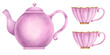 Watercolor set of dishes. Vintage pink teapot and elegant tea cups. Old dishes. Isolated illustrations on white background
