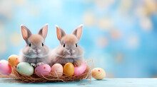 Two adorable Easter bunnies snuggled in a nest among bright Easter eggs on a blue background with copy space. concept of easter joy and renewal of spring season.