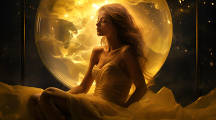 Wall Mural - a woman in a yellow dress in a lotus position, immersed in a meditative state against the backdrop of the moon, symbolizing her connection with cosmic energy, astrology and dreams and predictions