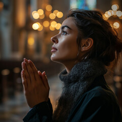 Wall Mural - beautiful young woman praying in the evening in the temple