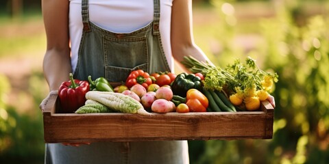 Wall Mural - Woman holding a wooden tray full of vegetables