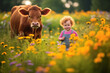 Little cute girl with a cow on a blooming summer meadow