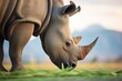 profile of rhino grazing with mountains behind
