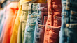 Close-up of pastel colorful jeans hanging on a rack in a store. Background for denim clothing store, a large assortment of denim pants of different colors.