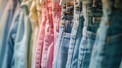 Wall Mural - Close-up of pastel pink blue yellow jeans hanging on a rack in a store. Background for denim clothing store, a large assortment of denim pants of different colors.