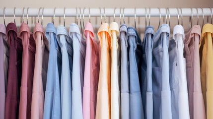 Wall Mural - Close-up of pastel colorful jeans hanging on a rack in a store. Background for denim clothing store, a large assortment of denim pants of different colors.