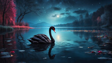 A Graceful Black Swan Glides Gracefully Across A Serene Lake In A Mountain Forest At Night. Soft Moonlight Illuminates The Scene.
