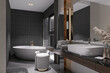 The modern bathroom features a mirror, basin, and bathtub, creating a stylish interior for today's lifestyle.