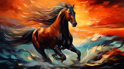 Wall Mural - oil painting style illustration, wild horse galloping shallow water ,cute and adorable wildlife, idea for wall art decor and background wallpaper, Generative Ai