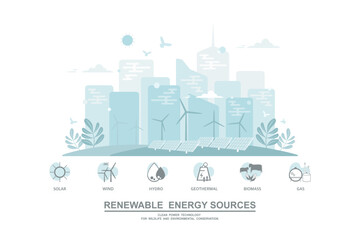 Wall Mural - Environmental care and use clean green energy from renewable sources and low carbon concept, Wind power generators or Turbine farm and Solar cells panels, Power generation industry on city background.