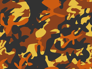 Wall Mural - Orange Modern Pattern. Brown Camo Print. Black Camouflage Seamless Brush. Vector Orange Abstract Camoflage Yellow Camo Paint. Abstract Vector Background. Military Black Canvas. Yellow Brown Pattern.