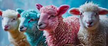 Funny Easter Concept Holiday Animal Greeting Card. Sheep In A Row On A Blue Background, Close-up