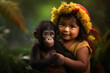 Little cute girl with a little baby gorilla in the jungle