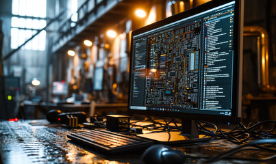 Poster - computer monitor displaying intricate circuit board design for technology and electronics concept