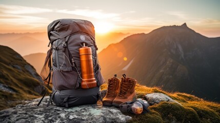 close-up of hiking and camping gear, backpacks, water bottles, and leather ankle boots. behind is a 