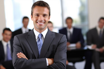 confident businessman with colleagues in background