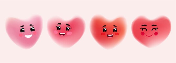 Poster - Cute cartoon heart characters. Blurred hearts. Set of soft color gradient defocused heart shapes with faces for wedding invitations and Happy Valentine's Day holiday greetings. Vector illustration.