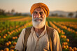 senior Indian farmer standing at agriculture field