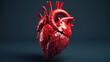 Red Human Heart on Dark Background. Anatomical View. Heart Diseases and Infarct Concept. For Cardiology. Cardiovascular Disease Awareness. 3D Illustration.