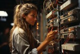 Fototapeta  - Female electrician working in a control room, configuring a switchboard for an industrial facility, demonstrating her versatility, Generative AI