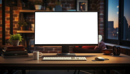 Workspace desk with pc and blank screen desktop computer in minimal office room with decorations and copy space. Mock up for advertisement,text,logo and other