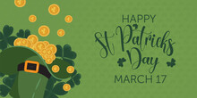 Saint Patrick's Day Background With Clover And Coins. The Background Is Excellent For Social Media Posts, Cards, Brochures, Flyers, And Advertising Poster Templates.	