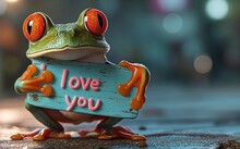 A Funny Frog Holding A Blue Table With "love You" In Pink. Valentine Concept. Birthday Card. Generative AI