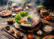 Steamboat dish on wooden table with decoration